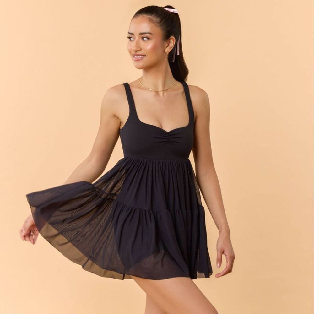 Blogilates Women's Strapless Black Tiered Mini Dress